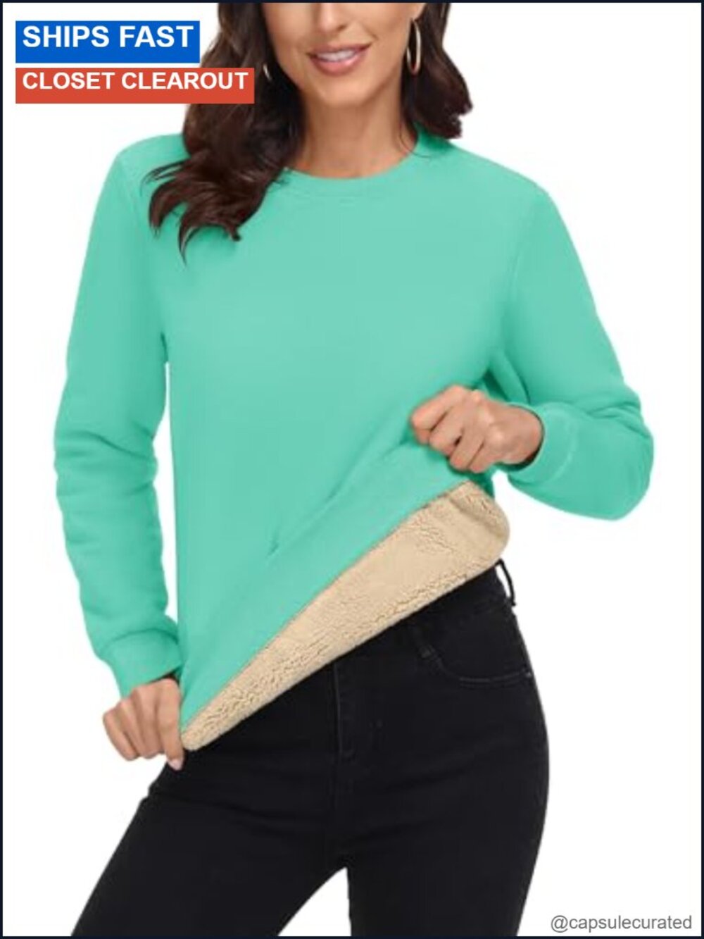 Womens Sherpa Lined Sweatshirt Fleece Pullover Crew Neck Winter Warm Cozy